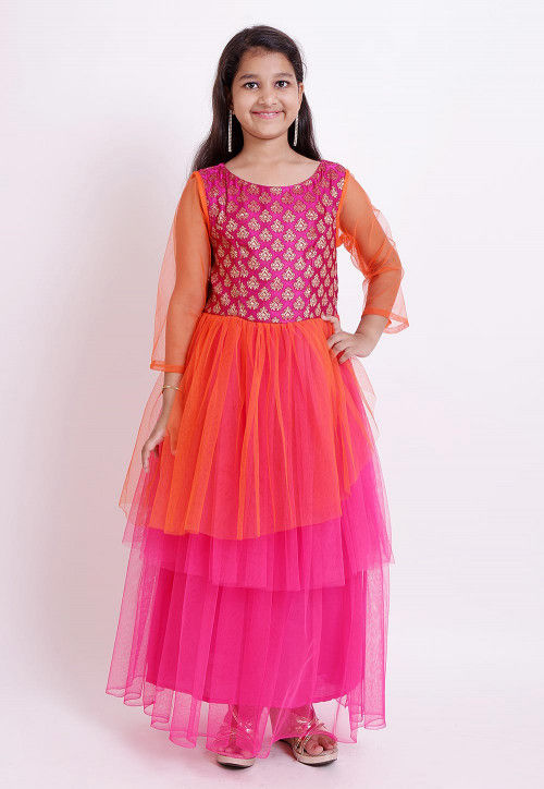 Woven Yoke Net Gown in Fuchsia and Orange