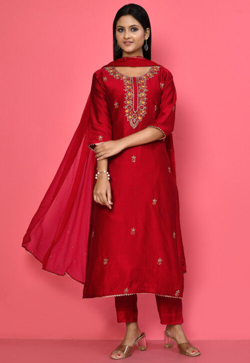 Buy Red Chanderi silk Churidar Suit Party Wear Online at Best Price |  Cbazaar