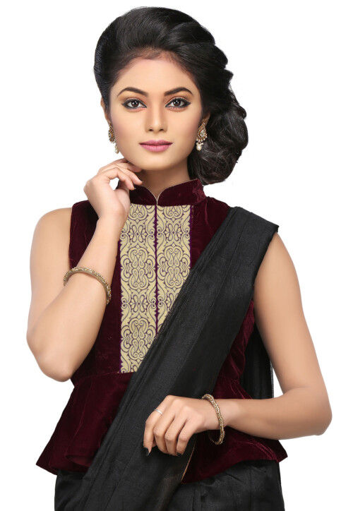 Zari Woven Velvet Blouse in Wine