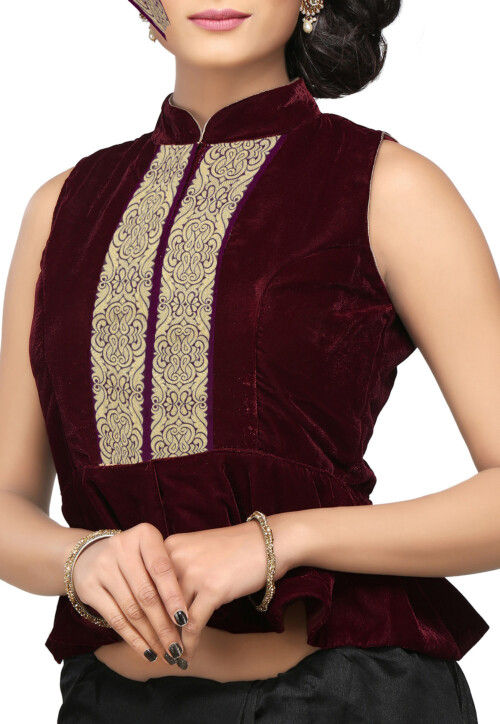 Zari Woven Velvet Blouse in Wine