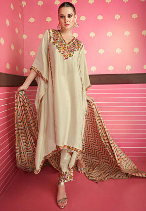 Aari Embroidered Art Silk Kaftan Style Pakistani Suit in Beige