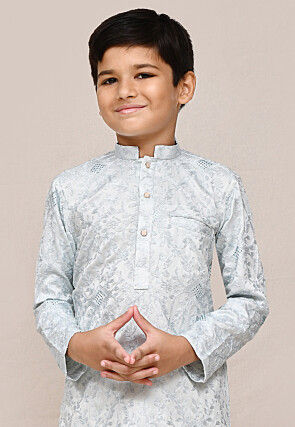 Aari Embroidered Cotton Kurta Set in Sky Blue