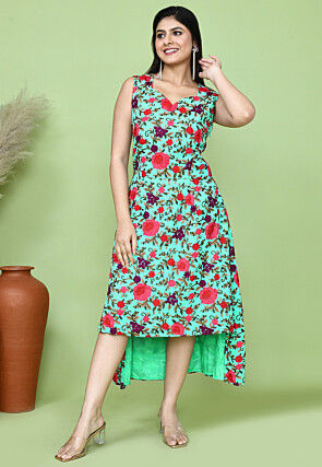 Aari Embroidered Georgette Asymmetric Dress in Sea Green