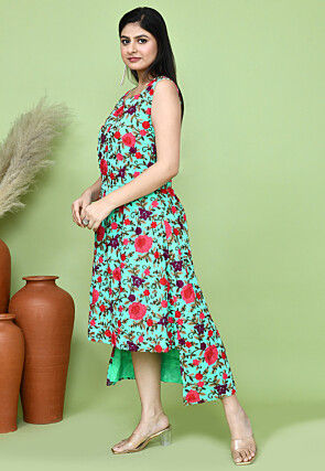 Aari Embroidered Georgette Asymmetric Dress in Sea Green