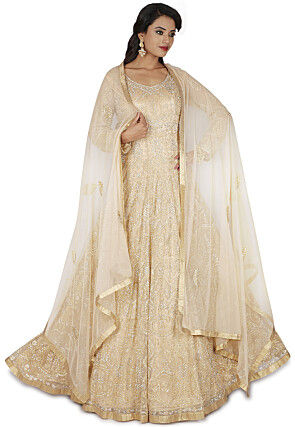 Aari Embroidered Net Abaya Style Suit in Light Beige
