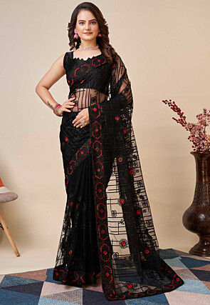 Aari Embroidered Net Saree in Black