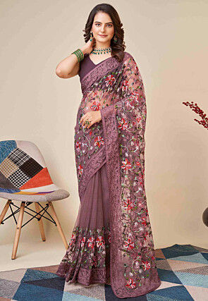 Aari Embroidered Net Saree in Dusty Purple
