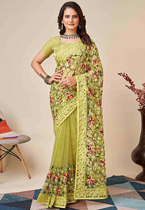 Aari Embroidered Net Saree in Light Green