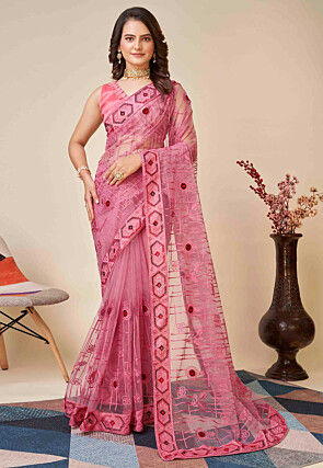 Aari Embroidered Net Saree in Pink