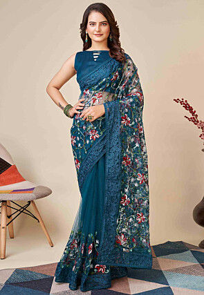 Aari Embroidered Net Saree in Teal Blue