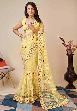 Aari Embroidered Net Saree in Yellow