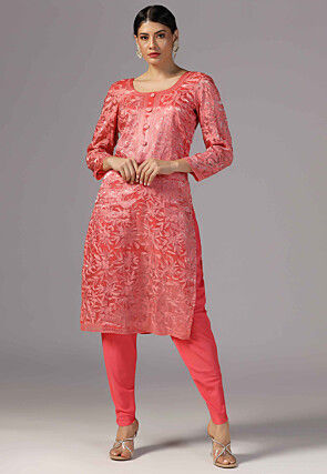 Aari Embroidered Organza Pakistani Suit in Coral Pink