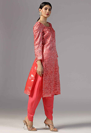 Aari Embroidered Organza Pakistani Suit in Coral Pink