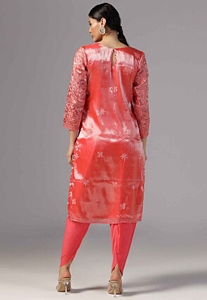 Aari Embroidered Organza Pakistani Suit in Coral Pink
