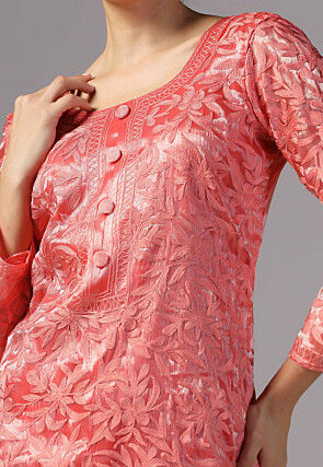 Aari Embroidered Organza Pakistani Suit in Coral Pink