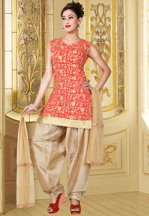 Aari Embroidered Pure Georgette Punjabi Suit in Orange