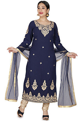 Aari Embroidered Pure Georgette Straight Suit in Navy Blue
