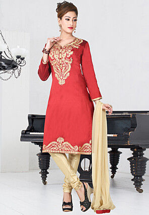 Aari Embroidered Pure Silk Straight Suit in Maroon