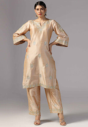 Aari Embroidered Raw Silk Pakistani Suit in Beige