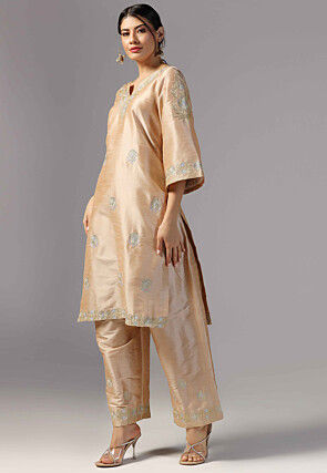 Aari Embroidered Raw Silk Pakistani Suit in Beige