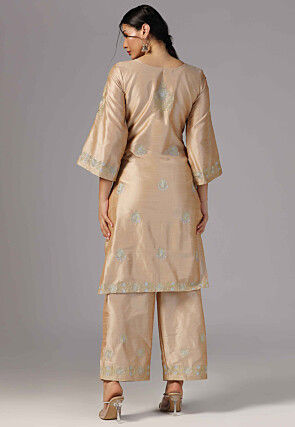 Aari Embroidered Raw Silk Pakistani Suit in Beige