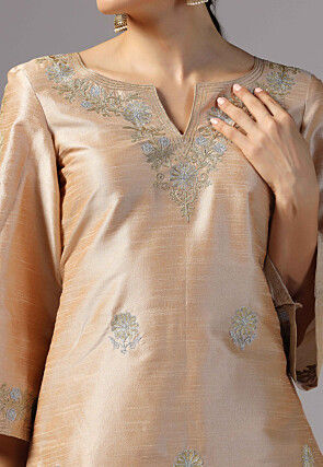 Aari Embroidered Raw Silk Pakistani Suit in Beige