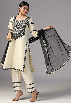 Aari Embroidered Raw Silk Pakistani Suit in Cream