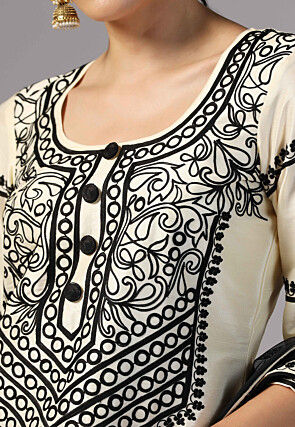 Aari Embroidered Raw Silk Pakistani Suit in Cream