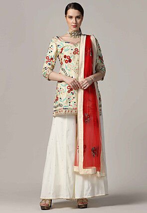 Aari Embroidered Raw Silk Pakistani Suit in Cream