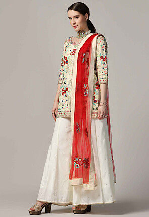 Aari Embroidered Raw Silk Pakistani Suit in Cream