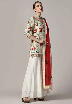 Aari Embroidered Raw Silk Pakistani Suit in Cream