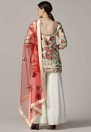 Aari Embroidered Raw Silk Pakistani Suit in Cream