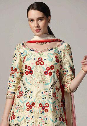 Aari Embroidered Raw Silk Pakistani Suit in Cream