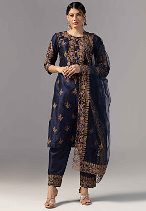 Aari Embroidered Raw Silk Pakistani Suit in Navy Blue