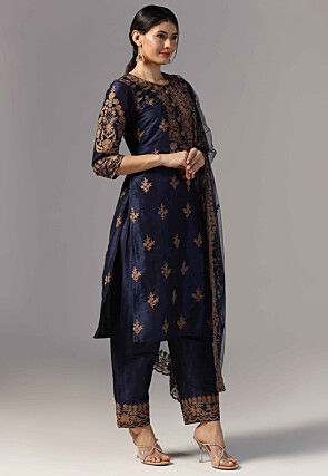 Aari Embroidered Raw Silk Pakistani Suit in Navy Blue