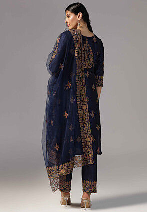 Aari Embroidered Raw Silk Pakistani Suit in Navy Blue