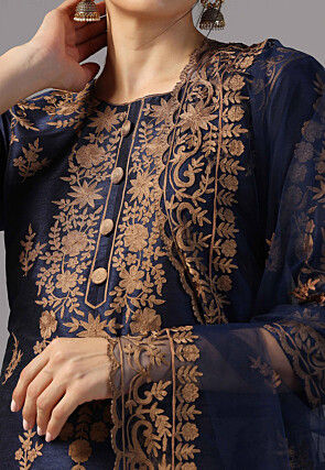 Aari Embroidered Raw Silk Pakistani Suit in Navy Blue