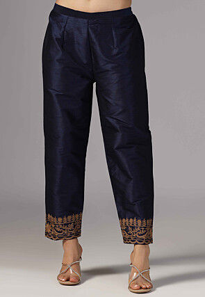 Aari Embroidered Raw Silk Pakistani Suit in Navy Blue