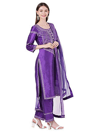Aari Embroidered Raw Silk Pakistani Suit in Purple