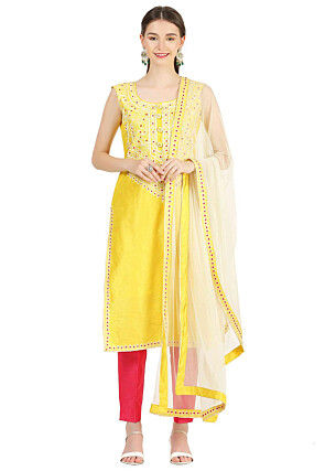 Aari Embroidered Raw Silk Pakistani Suit in Yellow