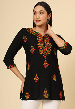 Aari Embroidered Rayon Kurti in Black