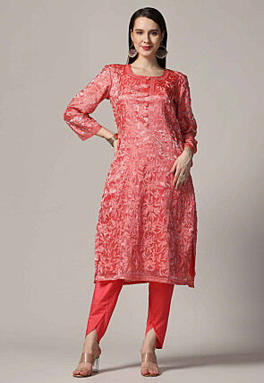 Aari Embroidered Tissue Straight Kurta Set in Coral Red