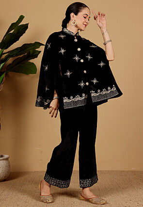 Aari Embroidered Velvet Co Ord Set in Black