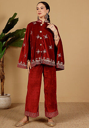 Aari Embroidered Velvet Co Ord Set in Maroon