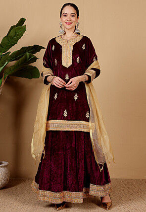 Aari Embroidered Velvet Lehenga in Dark Magenta