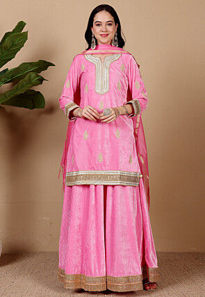 Aari Embroidered Velvet Lehenga in Pink