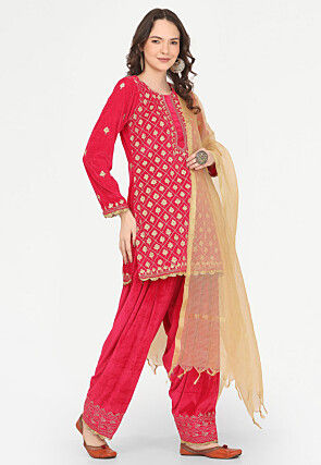 Aari Embroidered Velvet Punjabi Suit in Pink