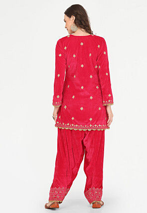Aari Embroidered Velvet Punjabi Suit in Pink