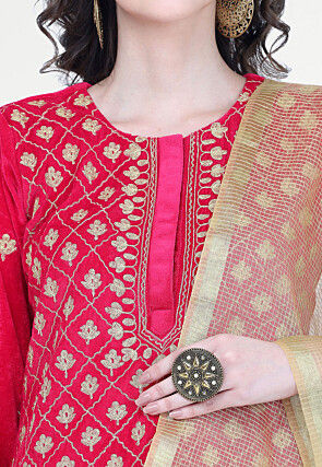 Aari Embroidered Velvet Punjabi Suit in Pink
