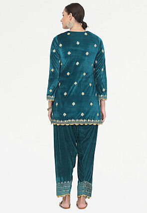 Aari Embroidered Velvet Punjabi Suit in Teal Blue